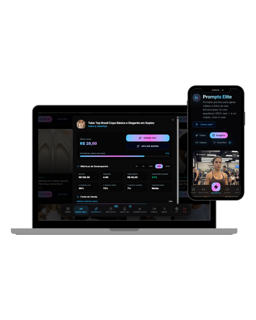 NobleMind no desktop e mobile — radar de produtos e Prompts Elite